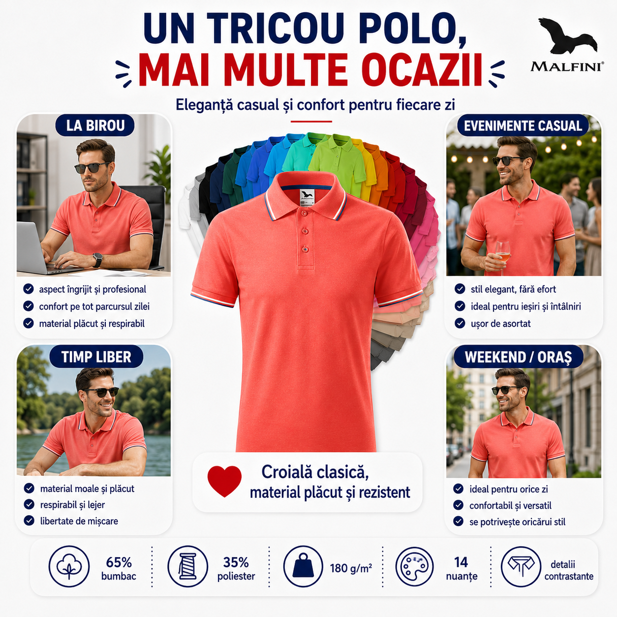 Detalii tricou polo bărbați Malfini Premium Focus 232, guler, nasturi, m&acirc;neci și cusături laterale